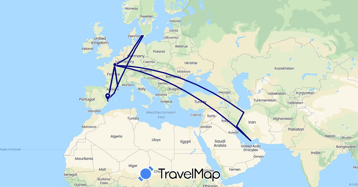 TravelMap itinerary: driving in Germany, Denmark, Spain, France, Iran, Sweden (Asia, Europe)